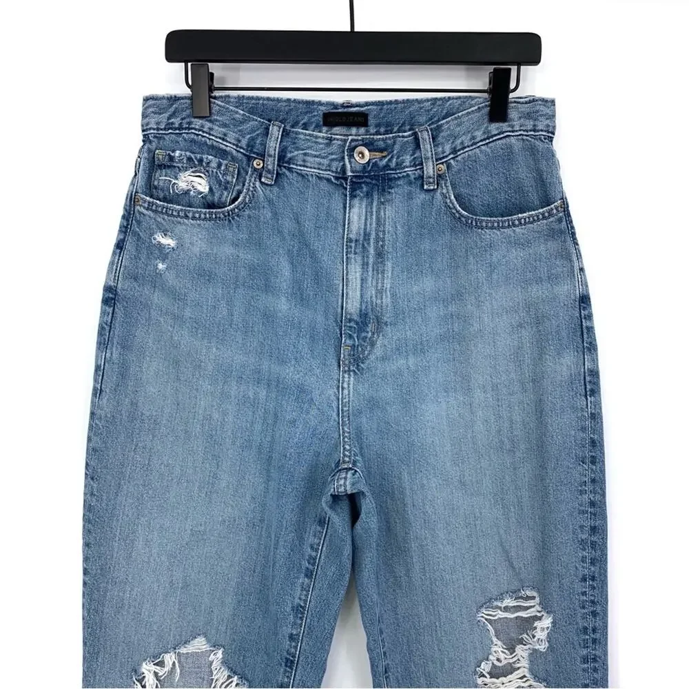 UNIQLO Peg Top High Rise Damaged Jeans Blue Denim 29